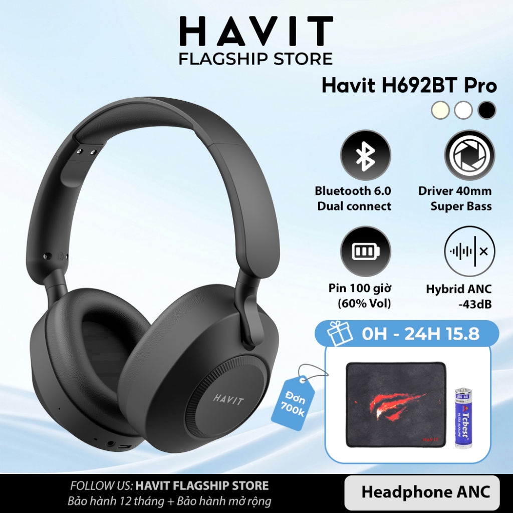 Tai nghe Bluetooth Headphone Havit H692BT Pro Pin 100 tiếng | Kết Nối 2 Thiết Bị | BT 6.0