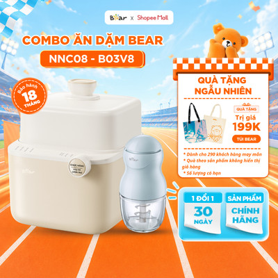 Combo Nồi Nấu Cháo Chậm BEAR 0.8L NNC08 Và Máy Xay Ăn Dặm 0.3L B03V8 8 Lưỡi Mini Cầm Tay Chưng Yến Nồi Nấu Chậm Cho Bé