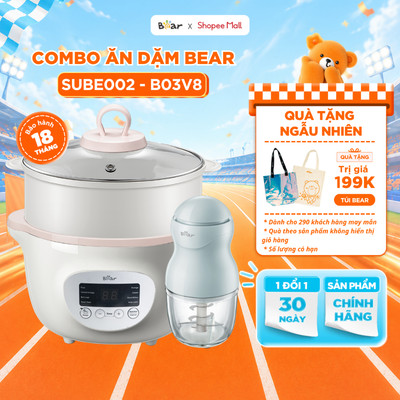 Combo Nồi Nấu Cháo Chậm BEAR 1.6L SUBE002 Tiếng Việt và Máy Xay Ăn Dặm 0.3L BEAR 8 Lưỡi GR-B03V8 Nấu Cháo Chưng Yến