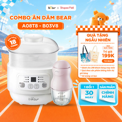Combo Nồi Nấu Cháo Chậm BEAR 0.8L A08T8 Và Máy Xay Đồ Ăn Dặm Cho Bé 8 Lưỡi Bản Nâng Cấp B03V8