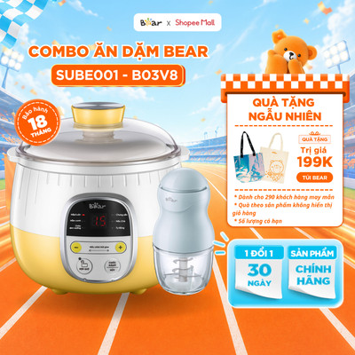 Combo Nồi Nấu Cháo Chậm BEAR SUBE001 Tiếng Việt 0.8L & Máy Xay Ăn Dặm BEAR B03V8 0.3L Nồi Chưng Yến Nấu Cháo Chậm Cho Bé