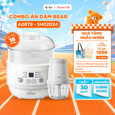 Combo Nồi Nấu Cháo Chậm Bear 0.8L A08T8 và Máy Xay Ăn Dặm 0.3L CH-5H02D24 Cho Bé Ăn Dặm Nồi Nấu Chậm Máy Xay Thực Phẩm