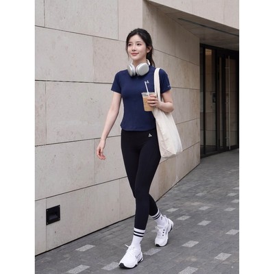 Bộ đồ tập gym, yoga, pilates nữ Fitme áo thun Soft khóa kéo xanh navy, quần legging Zeta đen cạp cao tôn dáng