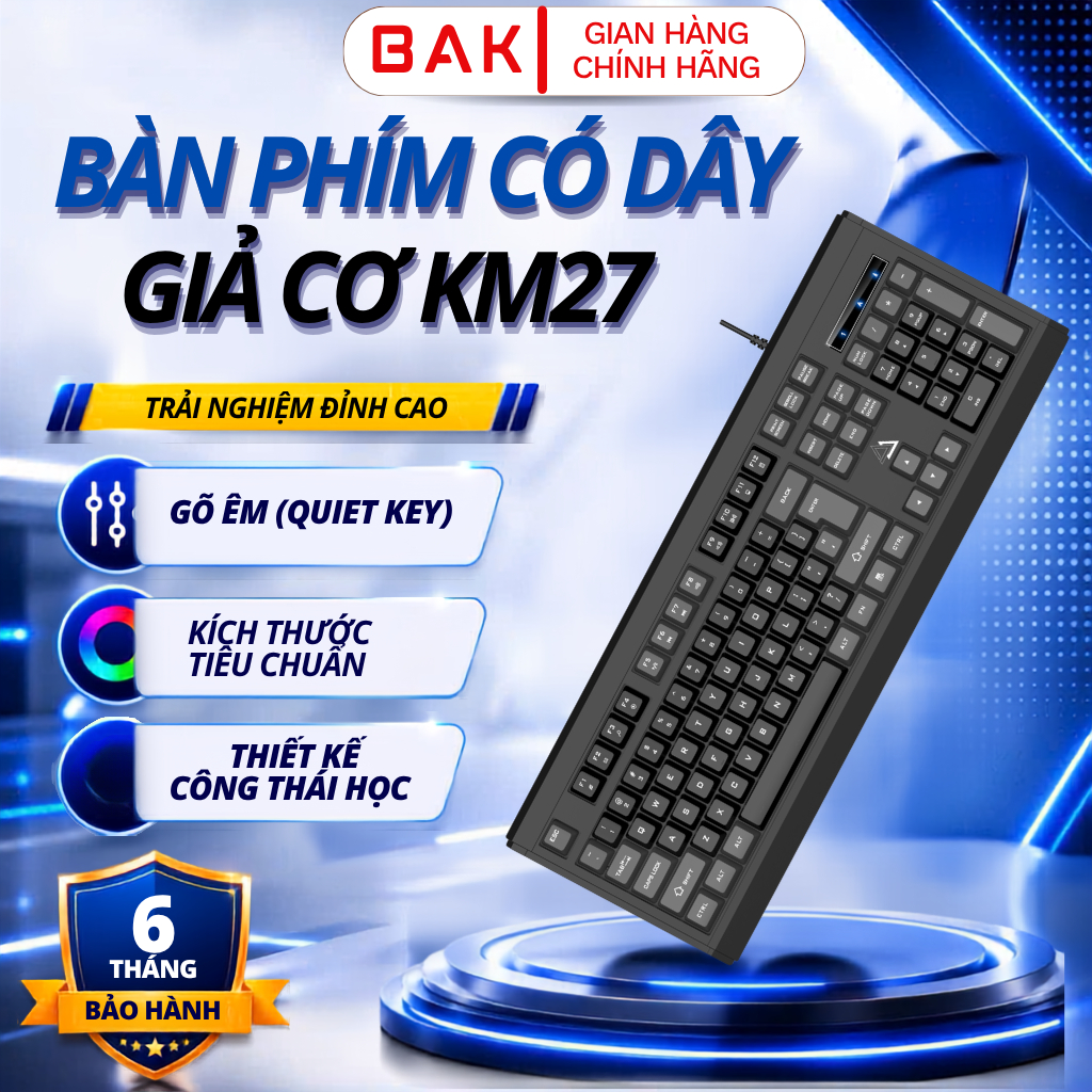Bàn phím máy tính có dây BAK KM27 gaming giả cơ phòng full size 104 key gõ nhanh BAK9