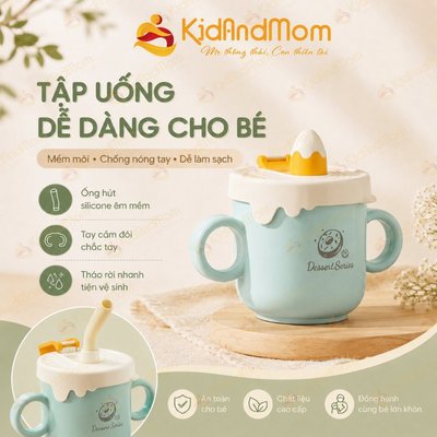 Cốc tập hút nước  cho bé, cốc uống nước có tay cầm và ống hút silicone KidAndMom chống đổ