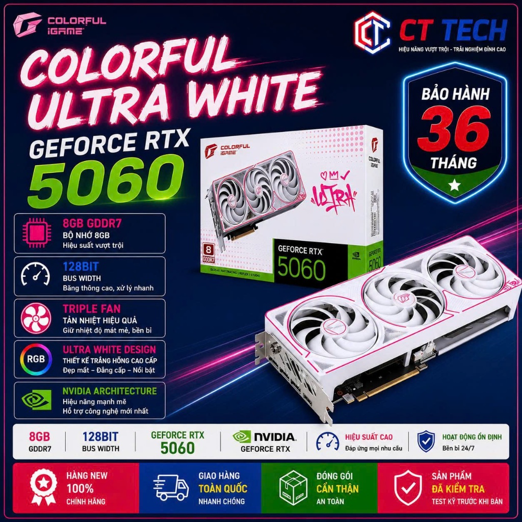 Card Màn Hình Colorful RTX 5060 Ultra White 8GB 3 Fan | Bảo Hành 36 Tháng