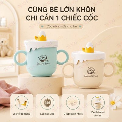 Cốc Uống Nước Ly Uống Sữa Cho Bé Có Tay Cầm KidsWorld Inox 316 An Toàn Kèm Ống Hút Silicone