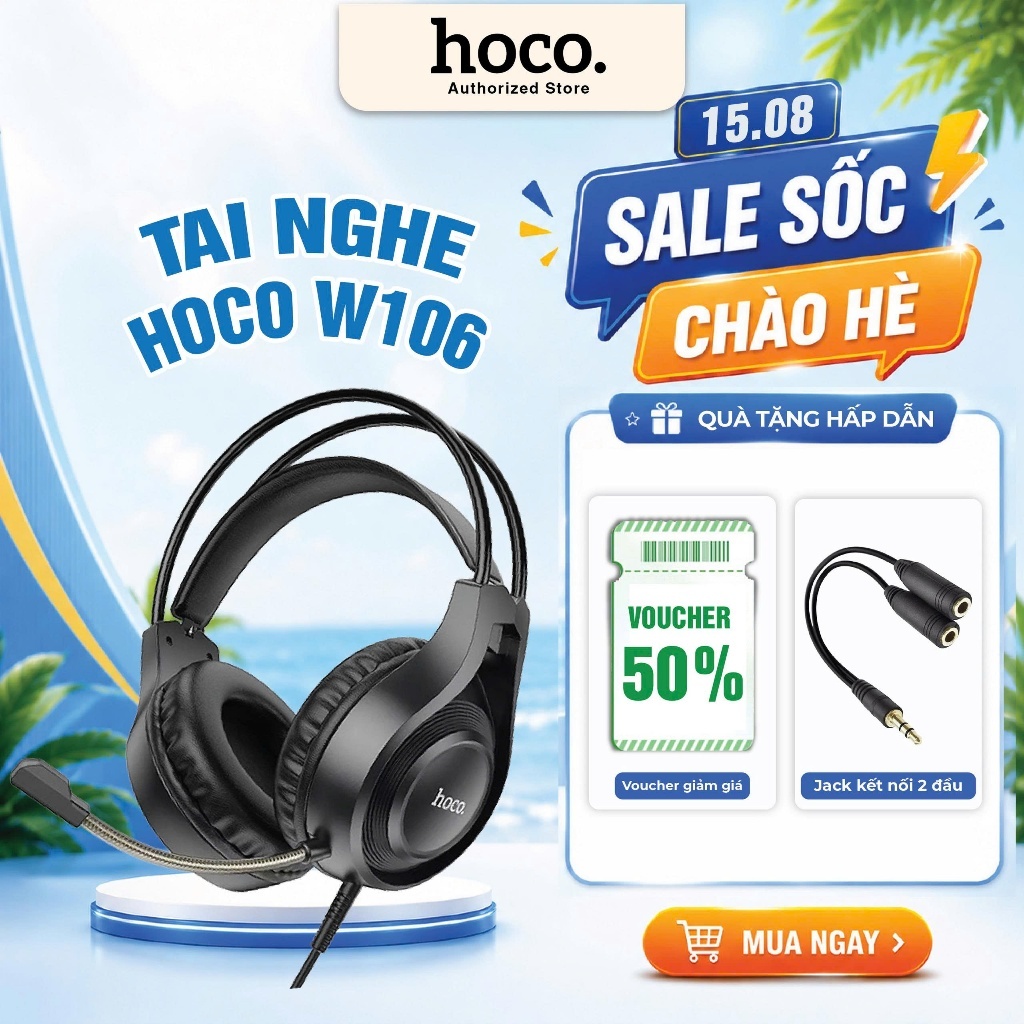 Tai nghe GAMING chụp tai cao cấp Hoco W106 có mic đàm thoại, tích hợp dây cắm máy tính - Bảo hành 12 tháng