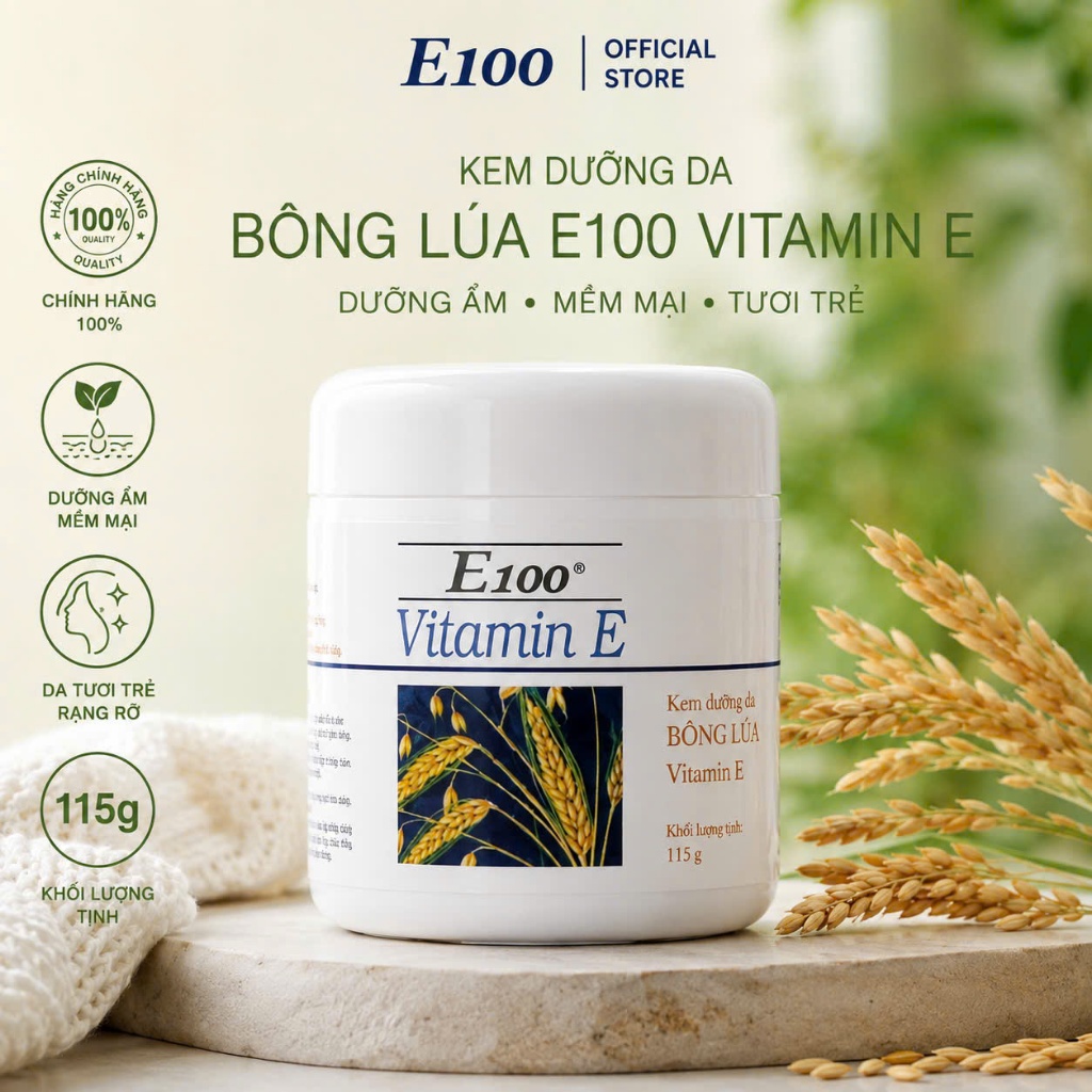 Kem Dưỡng Thể Bông Lúa Vitamin E E100 Dưỡng Ẩm Giúp Phục Hồi Làn Da Sáng Mịn 115G - 230Gr