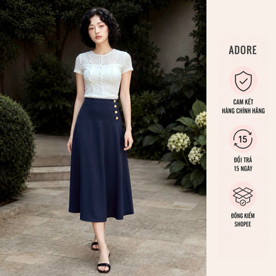 [ ADORE ][NEW IN] Chân váy Midi phối khuy sườn màu Navi/Kaki sáng 613SK4006