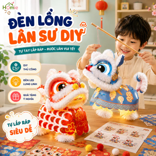 Đèn Lồng Lân Sư Thủ Công Cho Bé Điều Khiển Dây Kéo Sinh Động HOMIE, Đồ Chơi Trung Thu DIY Dễ Lắp