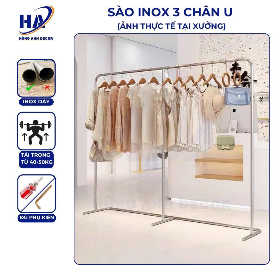 Giá trưng bày quần áo, sào kệ treo quần áo inox chân U thép không gỉ,dày dặn,chắc chắn,sáng bóng, tải trọng 30-40kg HA13