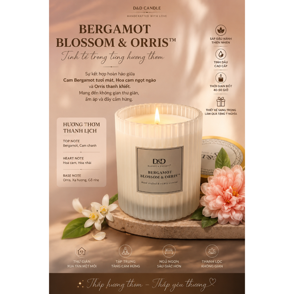 Nến Thơm D&D Bergamot Blossom & Orris Cao Cấp – Hương Cam Bergamot & Hoa Thanh Lịch, Thư Giãn Phòng