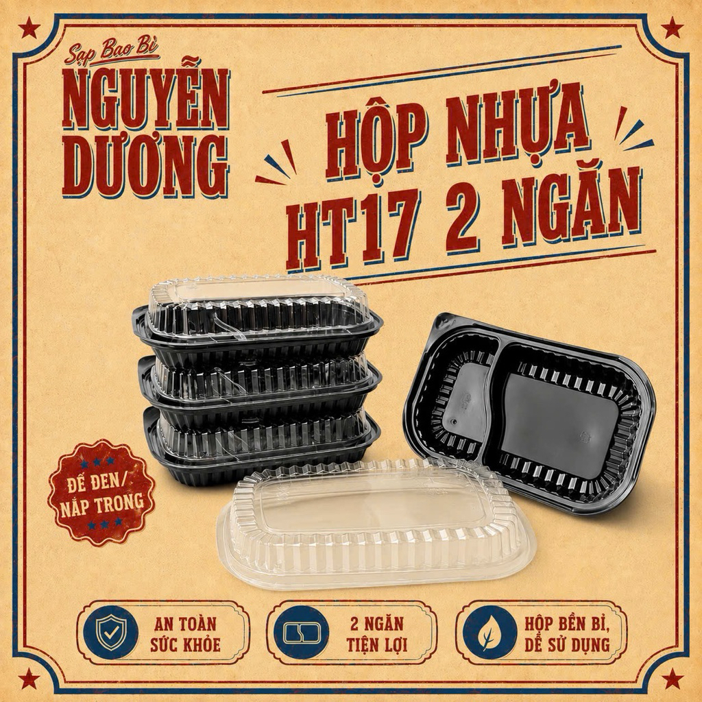 50-100 Khay Nhựa Đen 2 Ngăn Kèm Nắp - Hộp Cơm 2 Ngăn Đen HT17 KH17 JB17 - Sạp Bao Bì Nguyễn Dương