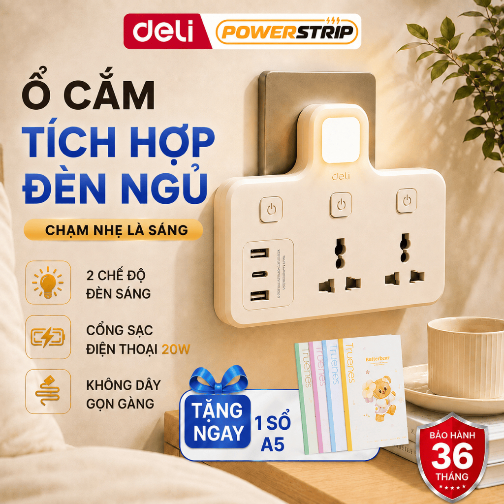 [TOP SALE] Ổ Cắm Chia Điện Deli, Ổ Cắm Chữ T 2500W Tích Hợp Cổng USB &TypeC Cải Tiến Sạc Nhanh Tiện 