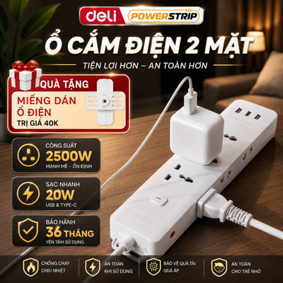 Ổ Cắm Điện 2 Mặt DELI, Ổ Cắm Điện Tam Giác Đa Năng Kết Hợp Cổng USB Sạc Nhanh 2026