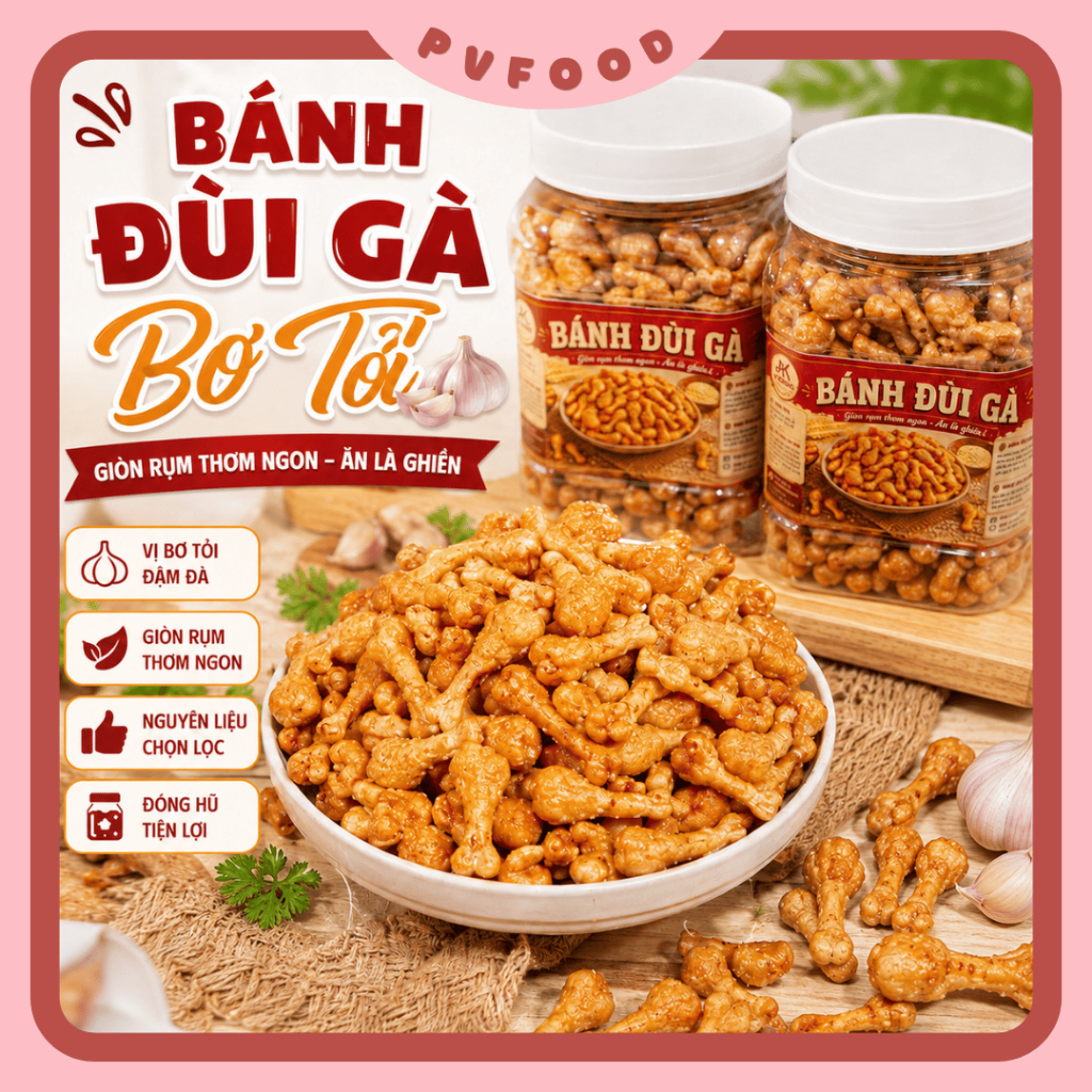 Bánh Đùi Gà Bơ Tỏi PV FOOD Hộp Seal 450G Bánh Snack Giòn Bơ Tỏi Ăn Vặt