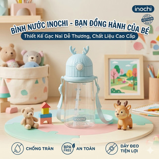 Bình nước trẻ em Inochi 450ml nhấn nút là nắp mở, tiện lợi với trẻ, ống hút tiện dụng