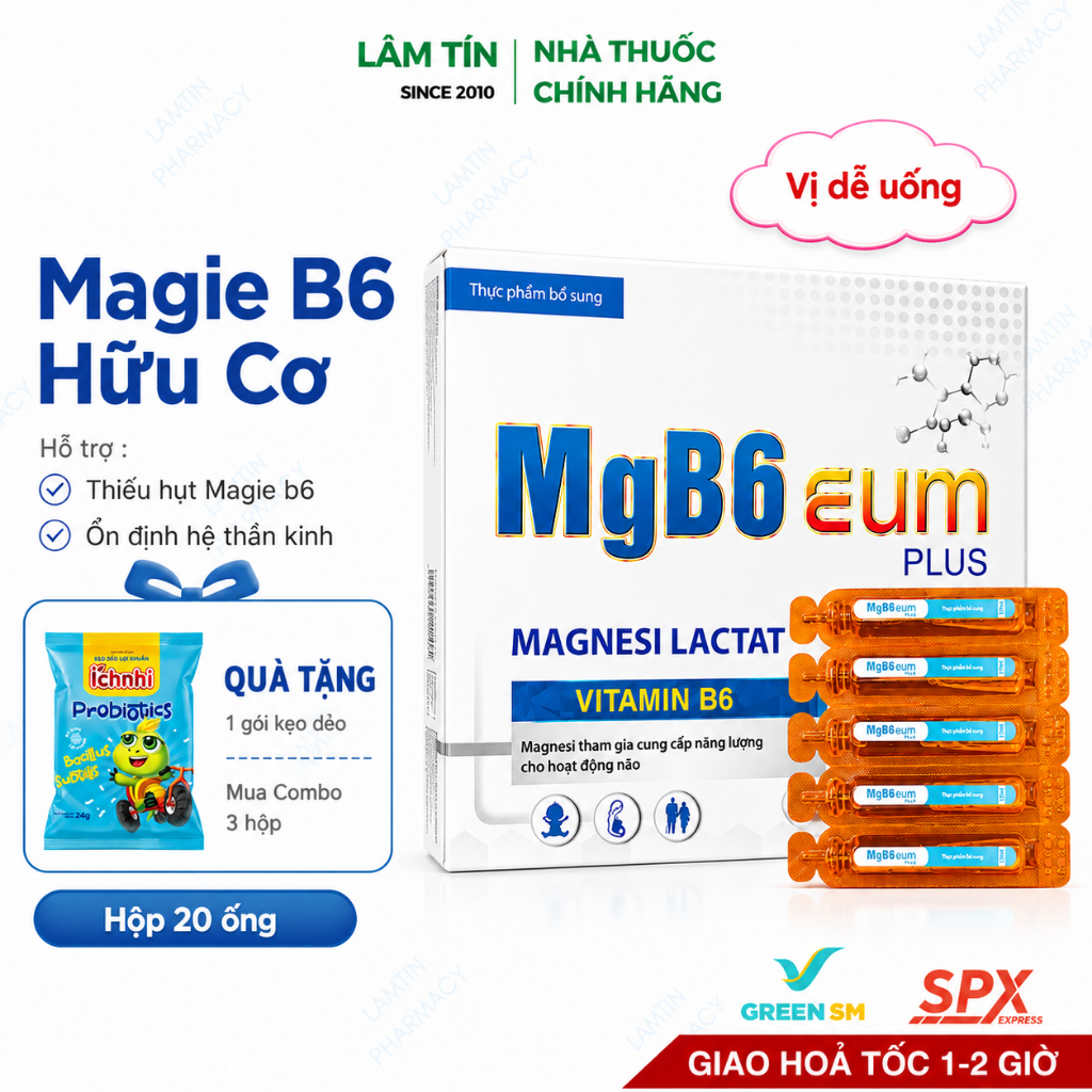 Magie B6 EUM bổ sung magine hỗ trợ giảm trằn trọc quấy đêm cho bé dạng ống uống Hộp 20 ống