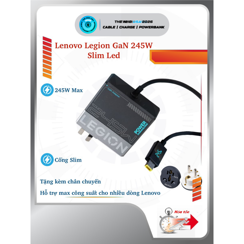 Củ sạc nhanh Lenovo Legion GaN 245W LA245 cho Lenovo Legion Thinkpad Thinkbook Xiaoxin cổng Slimtip