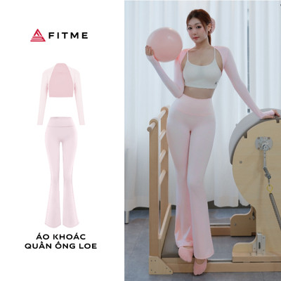 Bộ đồ tập pilates yoga nữ Fitme áo khoác GOC, quần ống loe hồng pastel thoáng khí thấm hút mồ hôi
