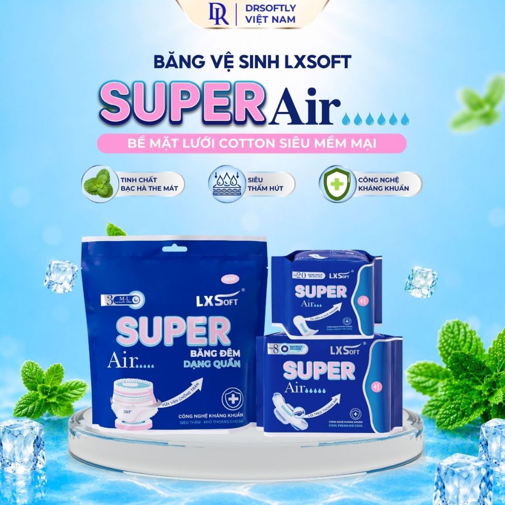 [Full Phân Loại] Băng vệ sinh LXSOFT SUPER AIR Bạc Hà , Kháng Khuẩn, Siêu Mỏng Nhẹ, Thấm Hút Nhanh, 