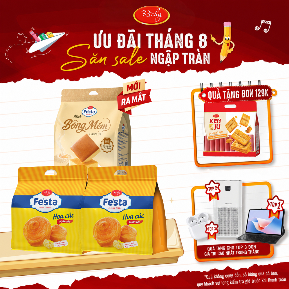 [TN] [Quà Tặng Đơn 129k] Combo 3 túi bánh mì hoa cúc ngàn lớp Festa Richy & Bánh Bông Mềm Castella [