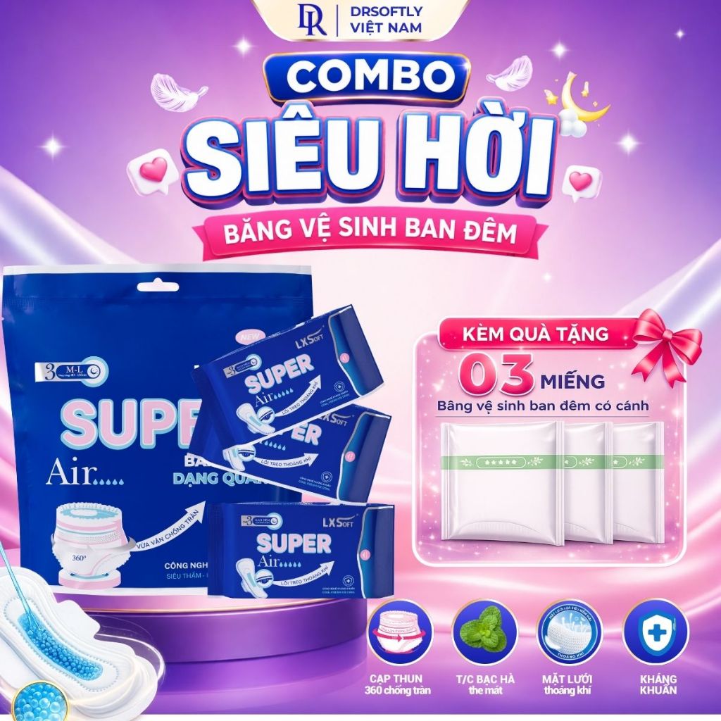 [Mua 3 Tặng 3] BVS LXSOFT SUPER AIR Ban Đêm Có Cánh Bạc Hà 3 Miếng, Siêu Thấm Hút, Siêu Mỏng, Kháng 