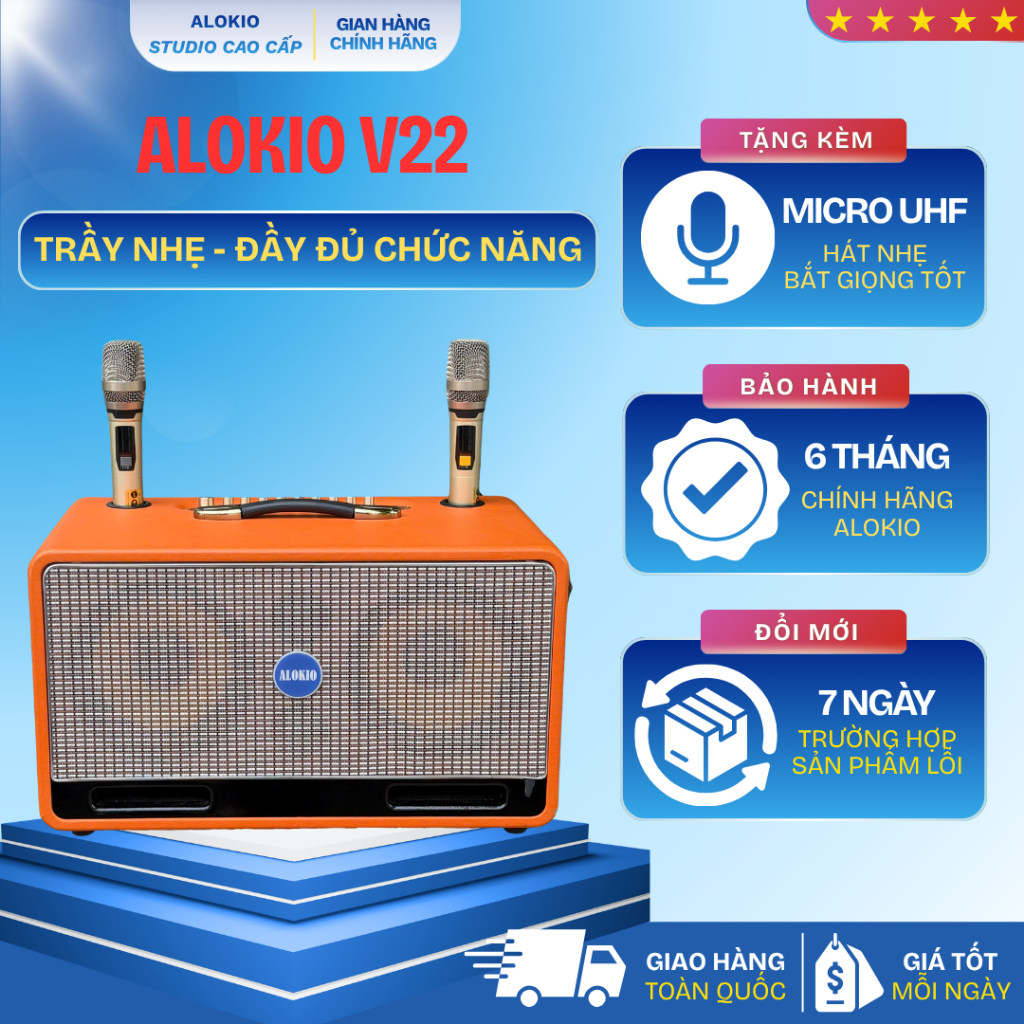 [TRẦY NHẸ FULL CHỨC NĂNG] Loa Kéo Karaoke ALOKIO V22 - 800W - 2 Bass 20 - Bluetooth - Tặng 2 Mic UHF