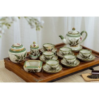 Bộ ấm chén men tro dáng Chóe full phụ kiện Bát Tràng