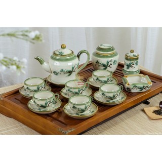Bộ ấm chén men tro dáng Chóe full phụ kiện Bát Tràng