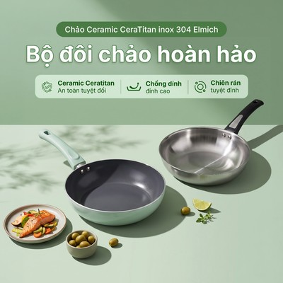 Bộ đôi chảo Ceramic Ceratitan inox 304 Elmich size 26cm