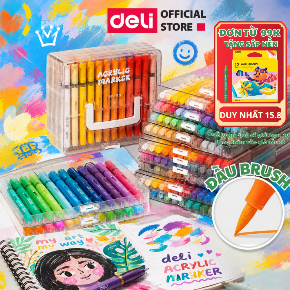 [🔥TẶNG MÀU SÁP] Bút Màu Acrylic Marker Roller Free Ink Đầu Lông Mềm Bút Lông Màu Deli Vẽ Mọi Chất Li