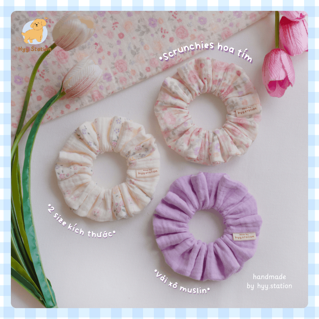 Scrunchies dây buộc tóc vải xô muslin tone tím họa tiết hoa hồng xinh handmade by Hyy Station