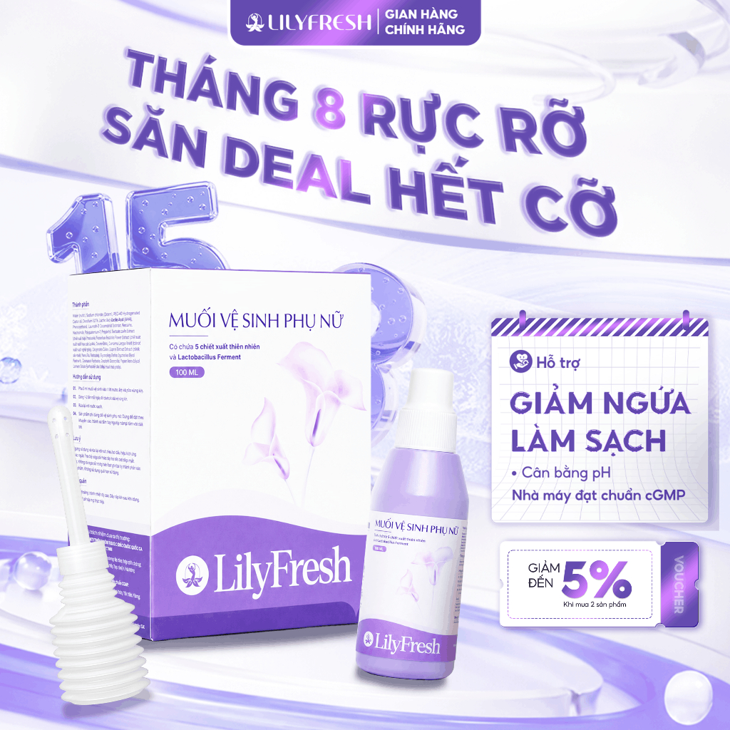 Muối Vệ Sinh Phụ Nữ LilyFresh Bao Bì Mới Chiết Xuất Trầu Không Nano Nghệ Lô Hội - 1 Bình Rửa 100ml