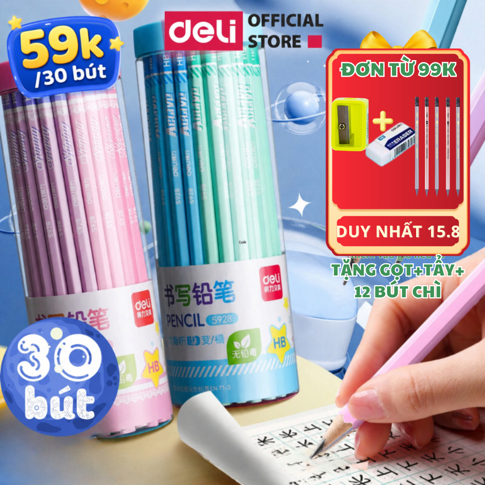 [🔥TẶNG 14 QUÀ] Bút chì lục giác Deli - 30 chiếc/hộp loại 2B/HB màu sắc pastel dễ thương, thân gỗ dễ 