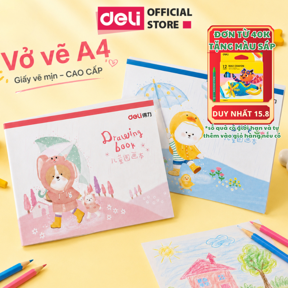 [🔥TẶNG MÀU SÁP ĐƠN 40K] Vở Vẽ Học Sinh Tô Màu Cho Bé A4/B5 Deli 150Gsm - Sổ Tô Màu Sổ Vẽ học sinh Gi