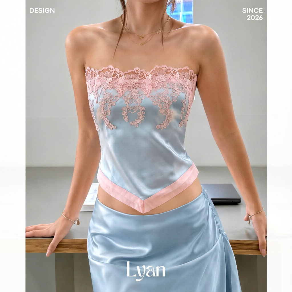 Áo lụa cúp ngực ren hoa cao cấp tiểu thư, áo cúp ngực lụa satin phối ren hoa nổi dáng vạt nhọn - LYA