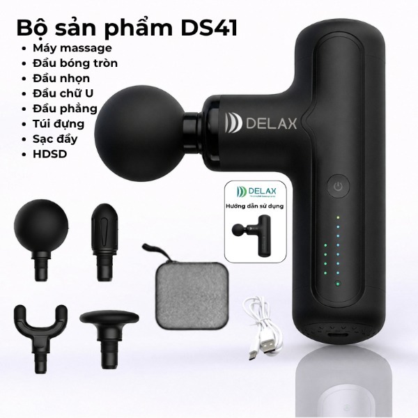 Súng Massage Cầm Tay Mini DELAX, 6 Cấp Độ, 4 Đầu Massage, Massage Rung Giãn Cơ Toàn Thân - DS41