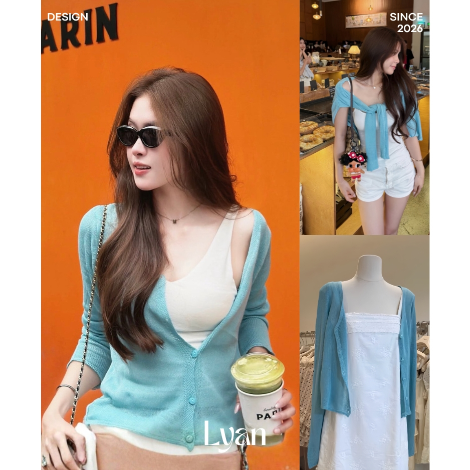 Áo khoác cardigan len mỏng tay, áo cardigan dài dáng suông xanh ngọc - LYAN DESIGN