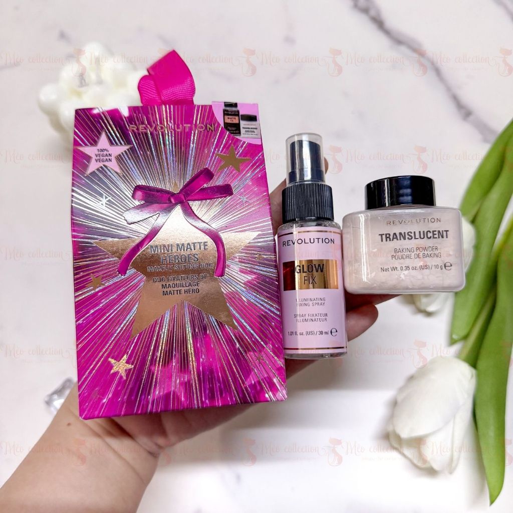 Set 2 món mini phấn phủ + xịt cố định makeup Revolution - Mini Matte Heroes Makeup Setting Duo