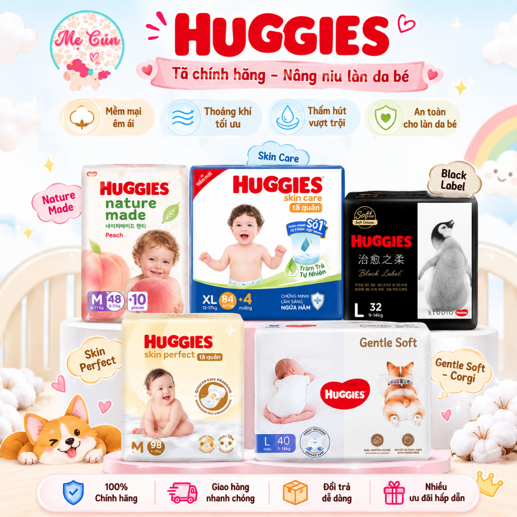 (Chính hãng) Tã quần, tã dán Huggies Nature Made, Skin Care, Skin Perfect, Airsoft, Gentle Soft Corg