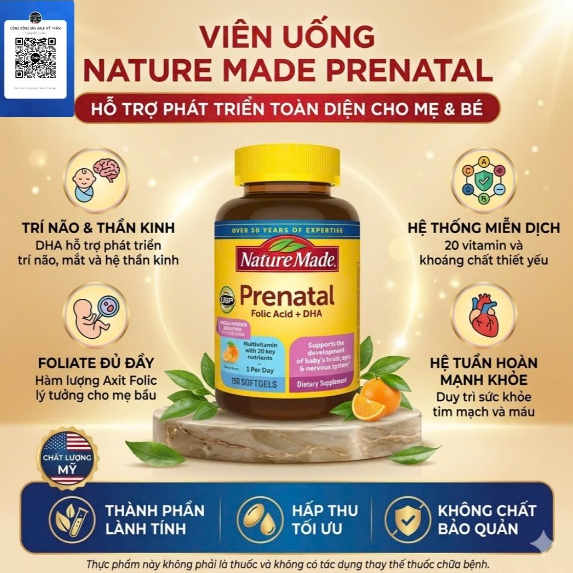 Vitamin tổng hợp cho bà bầu Prenatal Folic Acid + DHA 200mg Nature Made Folic Acid DHA 150 Viên Mỹ