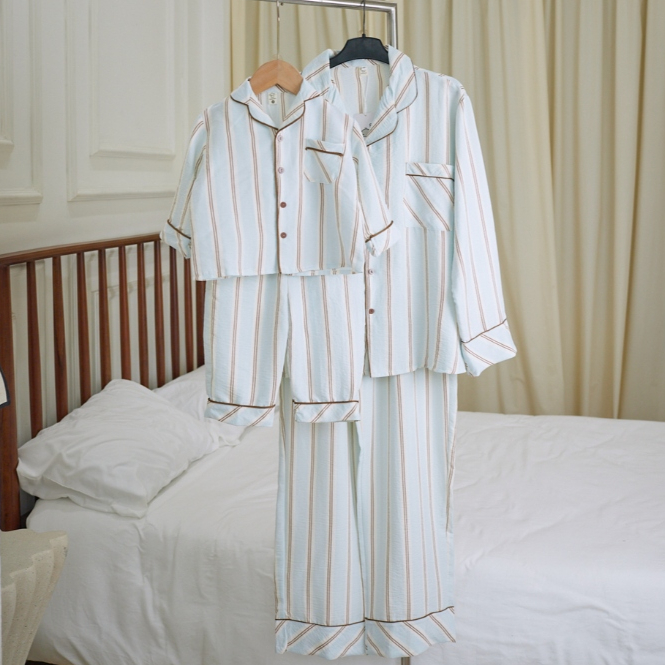 ( Deal mở bán ) P350 - Bộ Pyjama Mẹ Bé Tay Dài Quần Dài Chất Liệu Đũi Cotton Hoạ Tiết Kẻ Sọc Hàn Quố