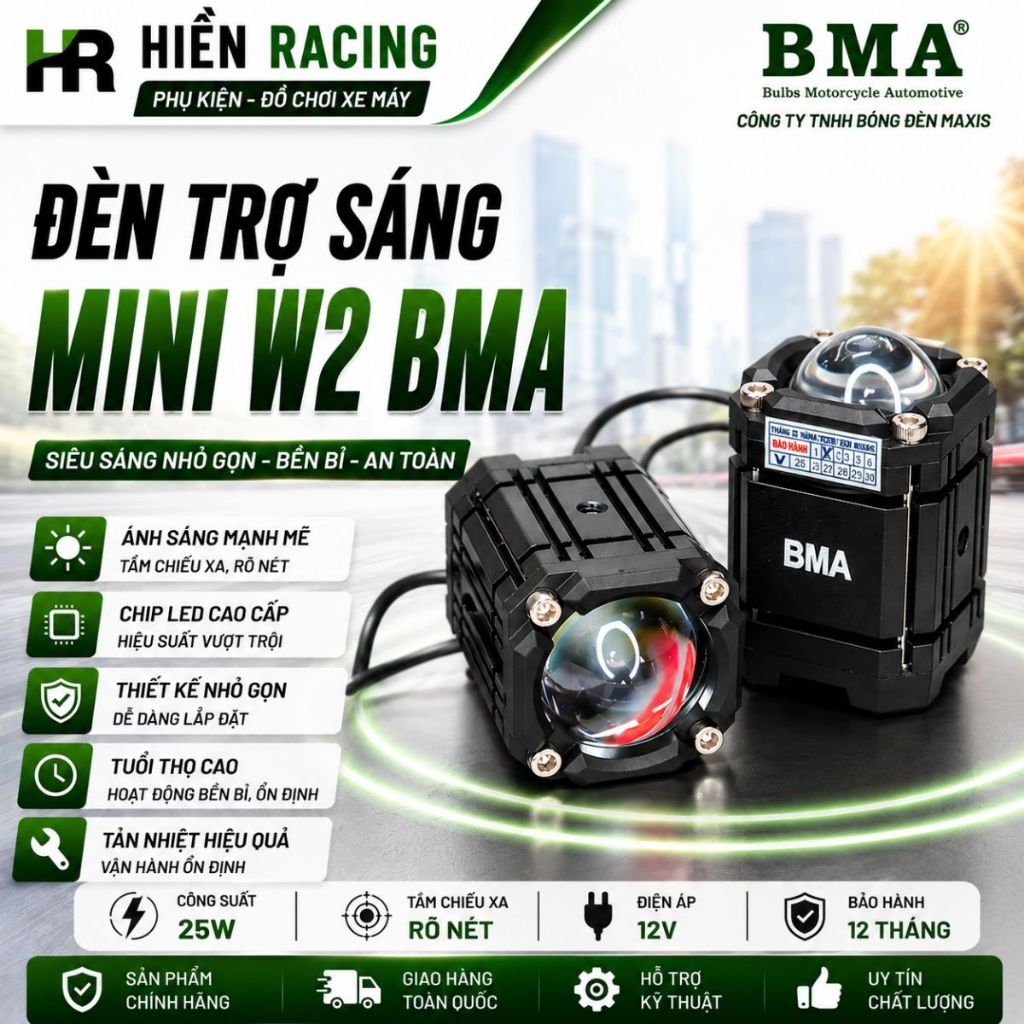 Đèn Trợ Sáng Bi Cầu Mini W2 BMA + Tích hợp 4 Chế Độ Tích Hợp Auto Passing 27W