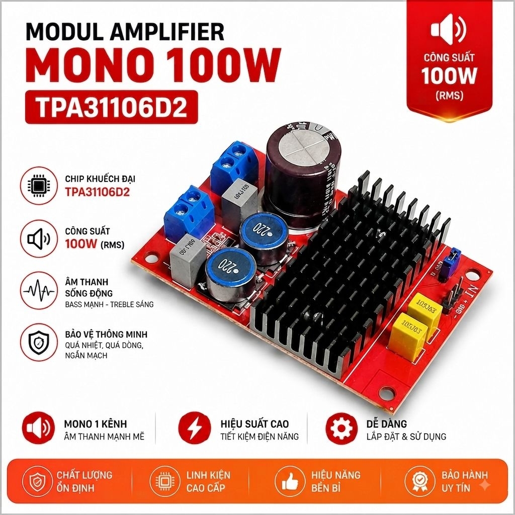 Modul Amplifier Mono 100W TPA31106D2, Khuếch Đại Âm Thanh 1 Kênh, Nguồn DC 12-24V, Loa 4-8 Ohm