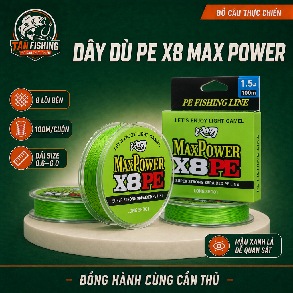 DÂY DÙ PE X8 MAX POWER 100M – DÂY PE 8 LÕI CÂU LURE, MÀU XANH LÁ, SIZE 0.6–6.0