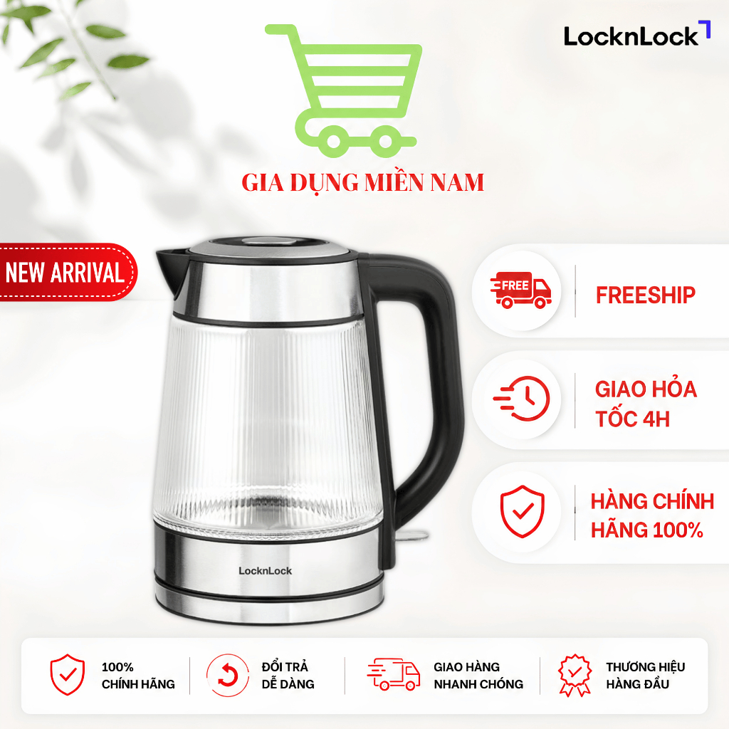Ấm Đun Siêu Tốc Thủy Tinh Locknlock EJK256BLK, dung tích 1.8L -  Hàng Chính Hãng