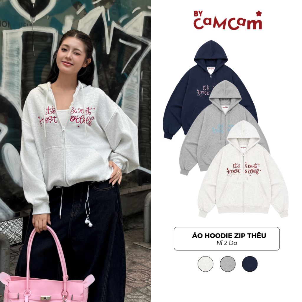 Áo Hoodie Zip  𝑩𝒚𝒄𝒂𝒎𝒄𝒂𝒎 Áo Khoác Nỉ 2 Da Thêu Basic Unisex AHOD744