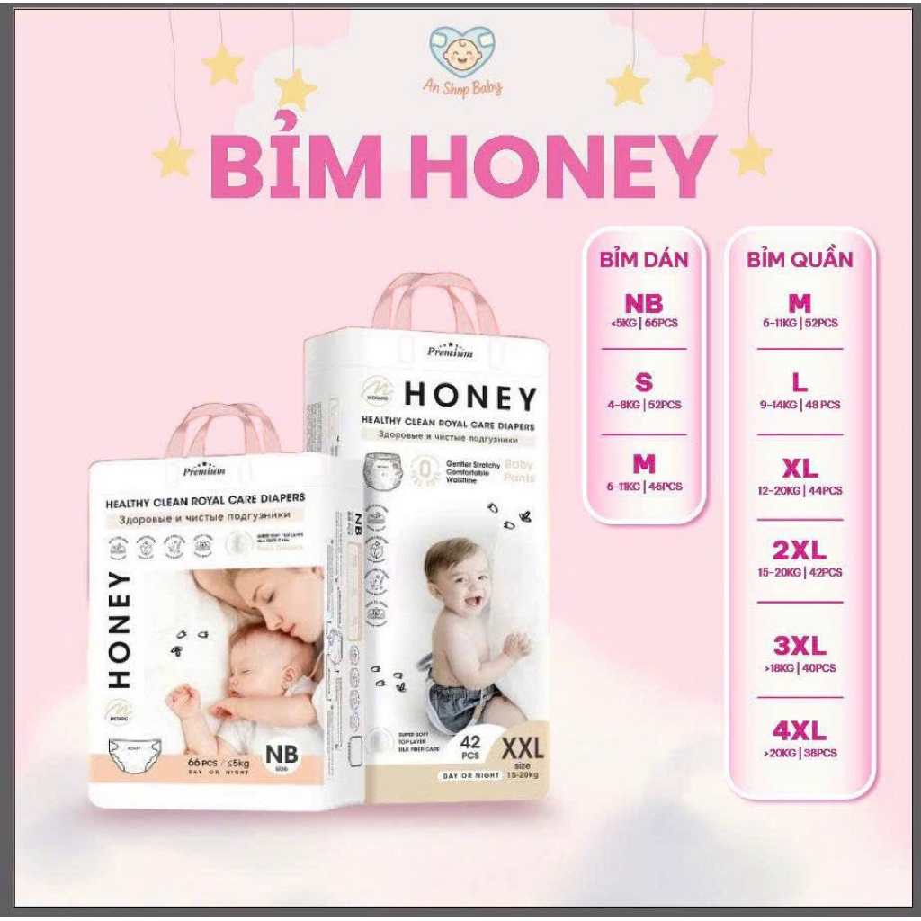 Bỉm Honey Premium Cho Bé | Bỉm Dán NB S M | Bỉm Quần M XL XXL 3XL 4XL | Tã Bỉm Em Bé
